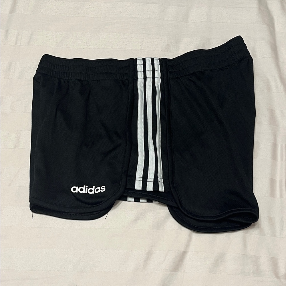 Adidas Women's Black Athletic Shorts with White Stripes - Picture 2 of 4